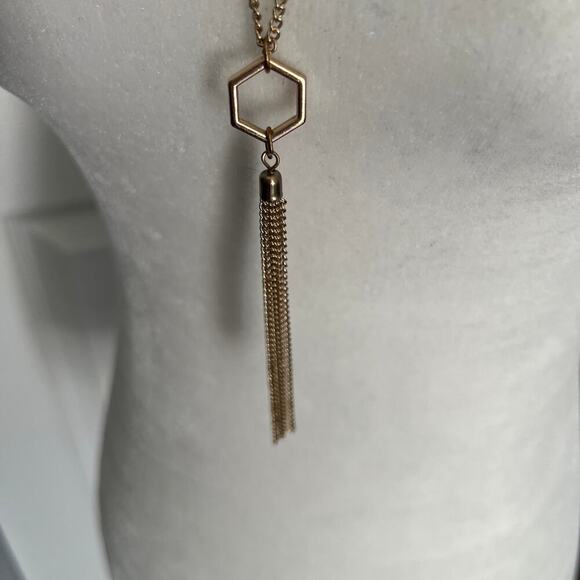 Gold tone boho chic trendy geometric hexagon long fringe tassel pendant necklace - Picture 2 of 5